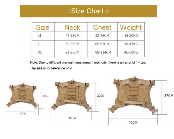 Tactical Dog Vest Harness K9 Unit Patrol Equipment Chest Strap - Size Chart