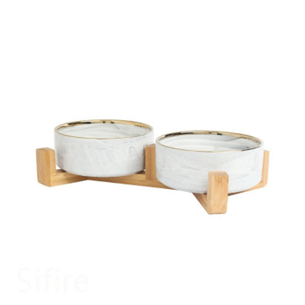 Ceramic Pet Food and Water Bowl Dish with Raised Wood Stand