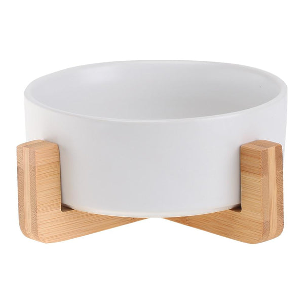 Ceramic Pet Food and Water Bowl Dish with Raised Wood Stand