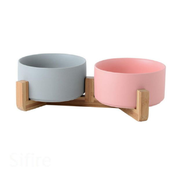 Ceramic Pet Food and Water Bowl Dish with Raised Wood Stand