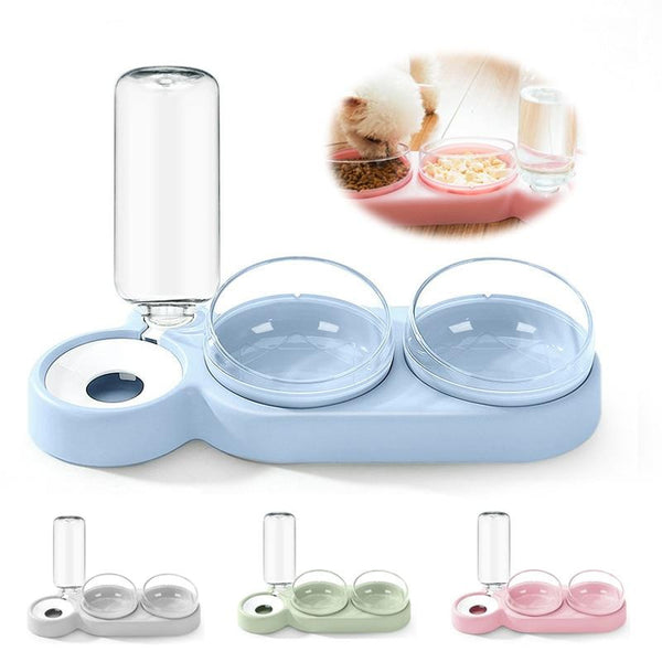 Pet Double Bowl Feeder Container with Automatic Water Dispenser For Dogs & Cats