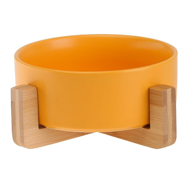 Ceramic Pet Food and Water Bowl Dish with Raised Wood Stand