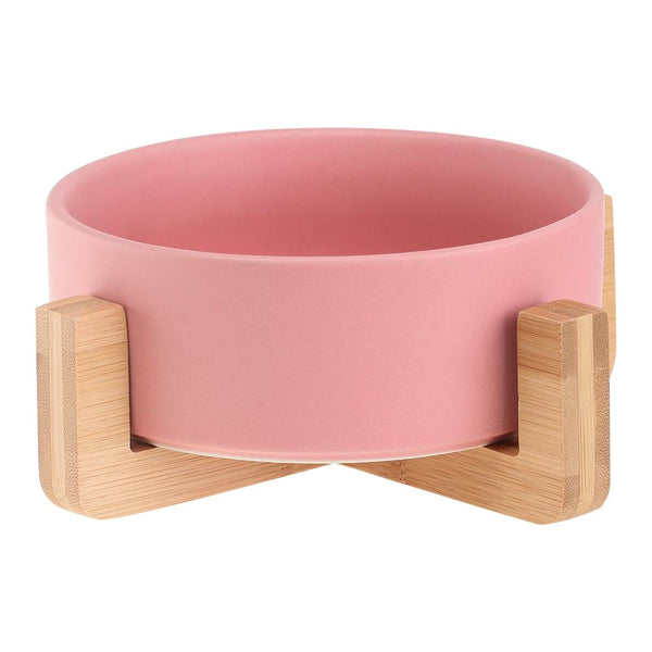 Ceramic Pet Food and Water Bowl Dish with Raised Wood Stand
