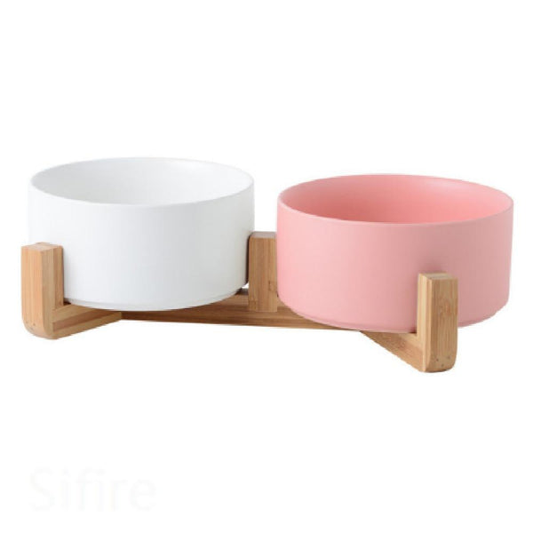 Ceramic Pet Food and Water Bowl Dish with Raised Wood Stand