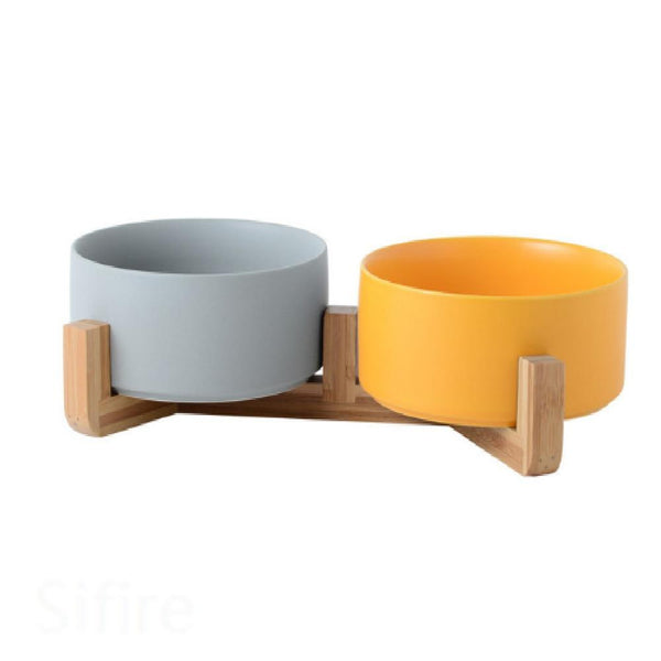 Ceramic Pet Food and Water Bowl Dish with Raised Wood Stand