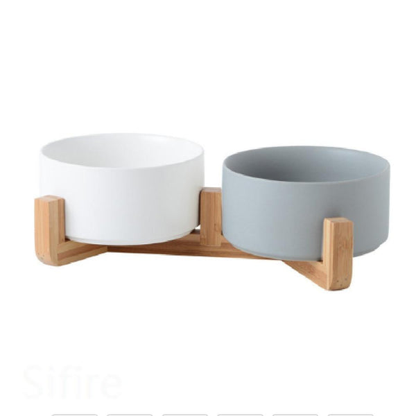 Ceramic Pet Food and Water Bowl Dish with Raised Wood Stand