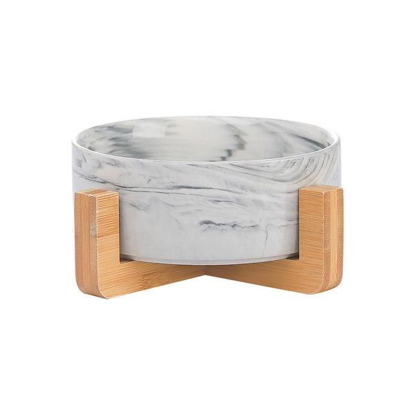 Ceramic Pet Food and Water Bowl Dish with Raised Wood Stand