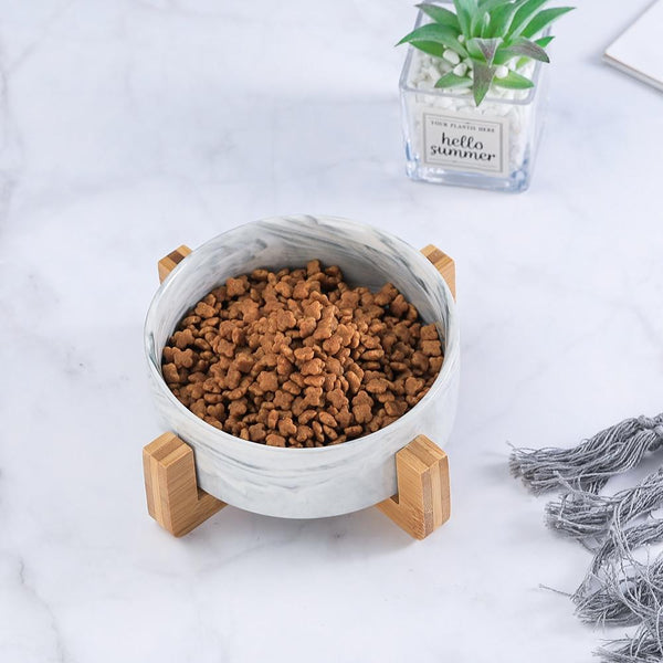 Ceramic Pet Food and Water Bowl Dish with Raised Wood Stand