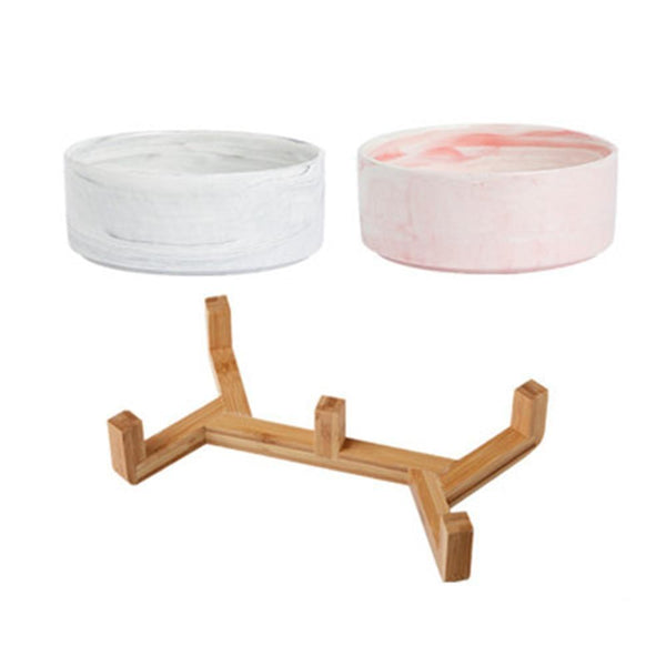 Ceramic Pet Food and Water Bowl Dish with Raised Wood Stand