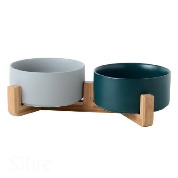 Ceramic Pet Food and Water Bowl Dish with Raised Wood Stand