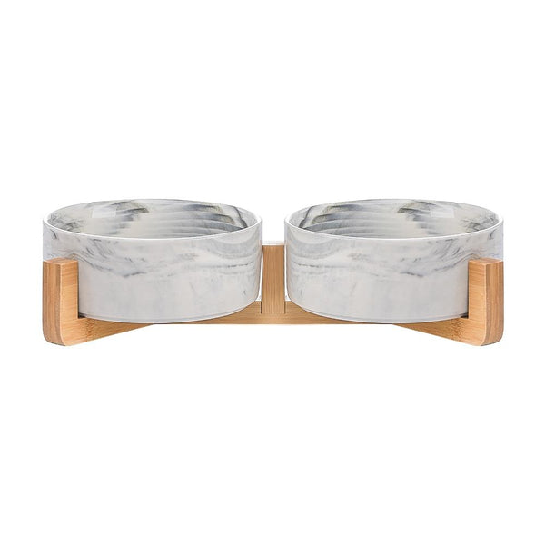 Ceramic Pet Food and Water Bowl Dish with Raised Wood Stand