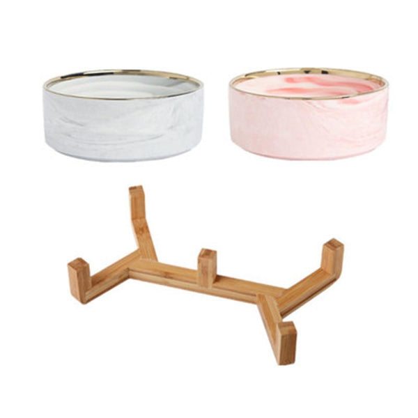 Ceramic Pet Food and Water Bowl Dish with Raised Wood Stand