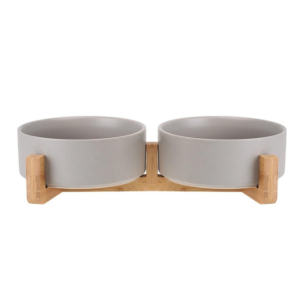Ceramic Pet Food and Water Bowl Dish with Raised Wood Stand