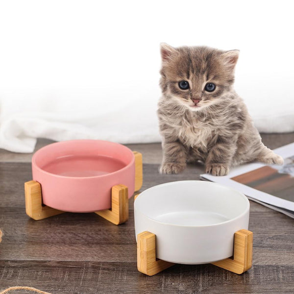 Ceramic Pet Food and Water Bowl Dish with Raised Wood Stand