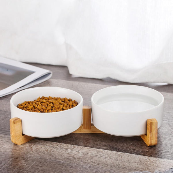 Ceramic Pet Food and Water Bowl Dish with Raised Wood Stand