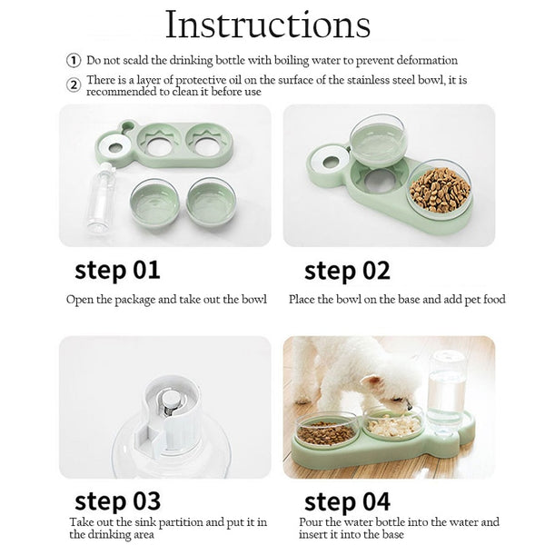 Pet Double Bowl Feeder Container with Automatic Water Dispenser For Dogs & Cats