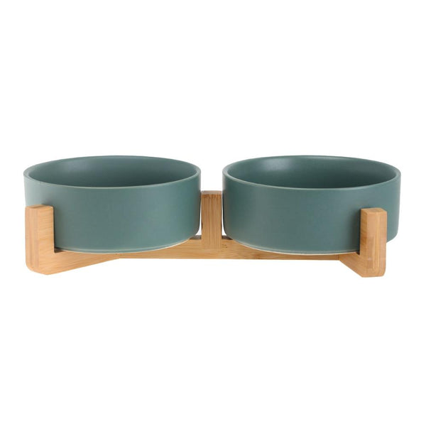 Ceramic Pet Food and Water Bowl Dish with Raised Wood Stand
