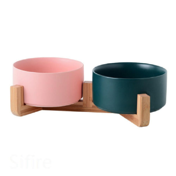 Ceramic Pet Food and Water Bowl Dish with Raised Wood Stand
