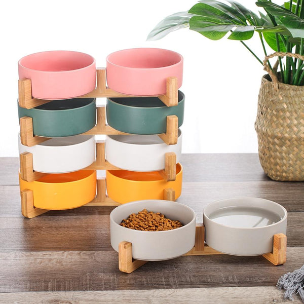 Ceramic Pet Food and Water Bowl Dish with Raised Wood Stand