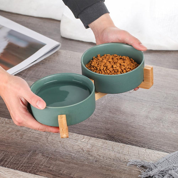 Ceramic Pet Food and Water Bowl Dish with Raised Wood Stand