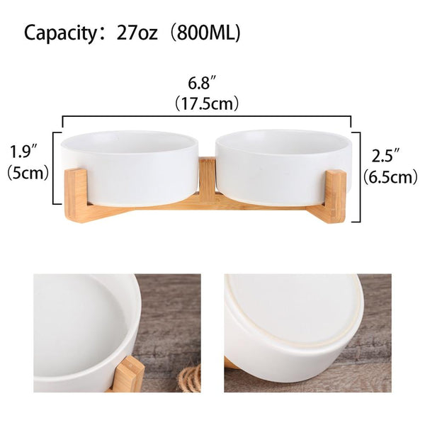 Ceramic Pet Food and Water Bowl Dish with Raised Wood Stand