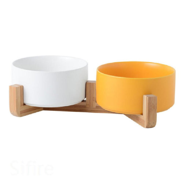 Ceramic Pet Food and Water Bowl Dish with Raised Wood Stand