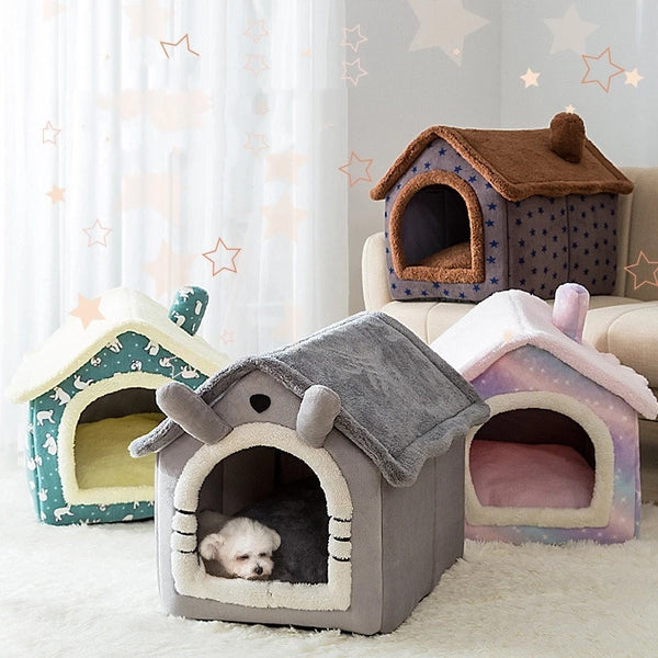 Foldable Deep Sleep Pet House for Cats and Dogs, Cozy House Shaped Beds