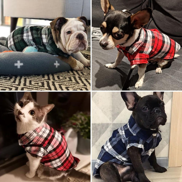 Plaid Shirts for Cats, Small to Medium Size Dogs, Cotton Pet Clothes T-Shirt