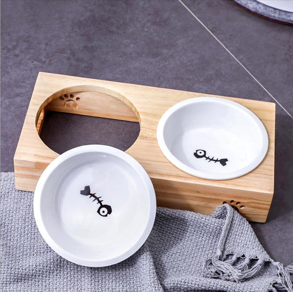 Double Serve Food and Water Bowl with Raised Wooden Stand for Cats