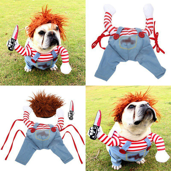 Funny Dog Chucky Cosplay Costume Holding a Knife Outfit