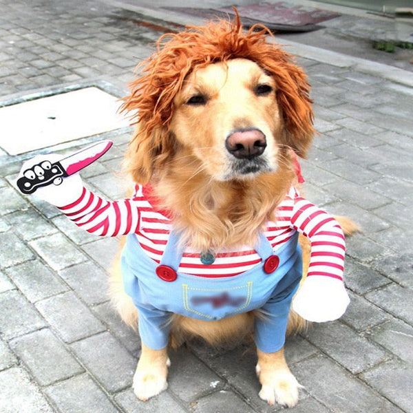 Funny Dog Chucky Cosplay Costume Holding a Knife Outfit