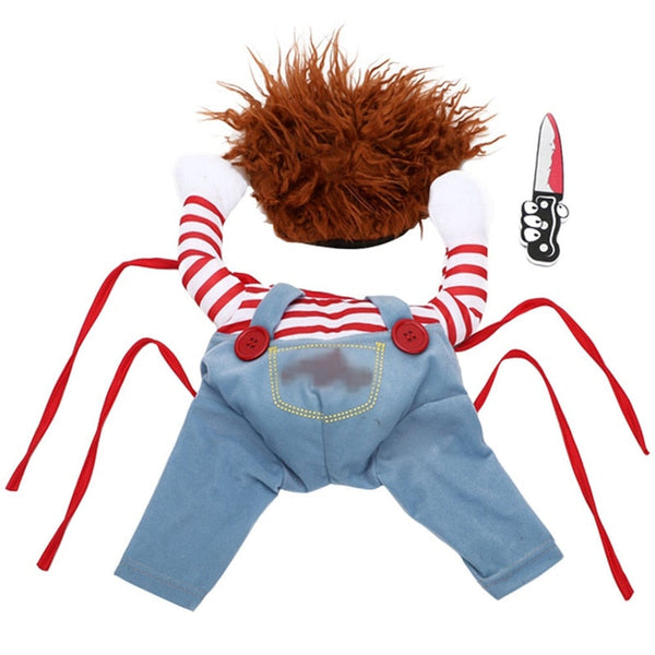Funny Dog Chucky Cosplay Costume Holding a Knife Outfit