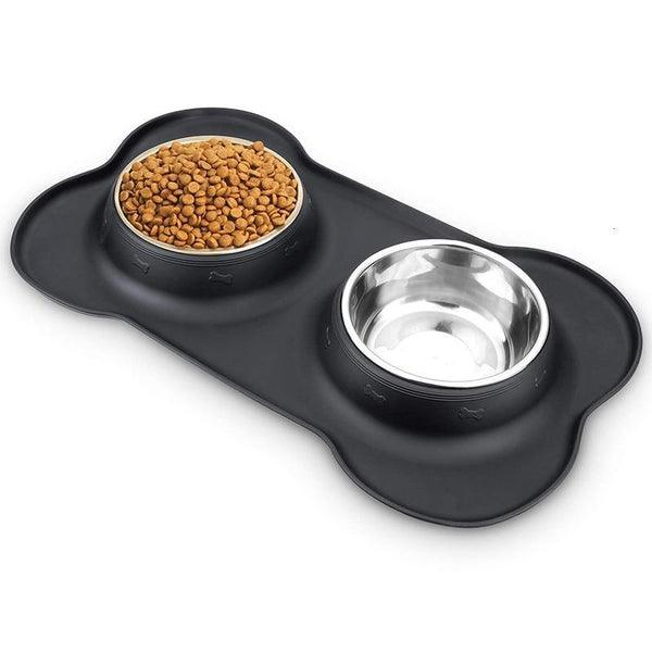 Double Pet Feeding Bowl With Silicone Mat & Stainless Steel Bowls Drinking Water Food Feeder