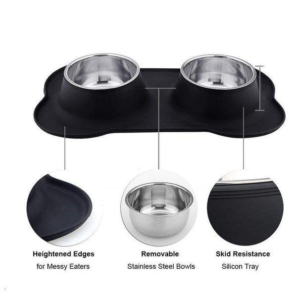 Double Pet Feeding Bowl With Silicone Mat & Stainless Steel Bowls Drinking Water Food Feeder