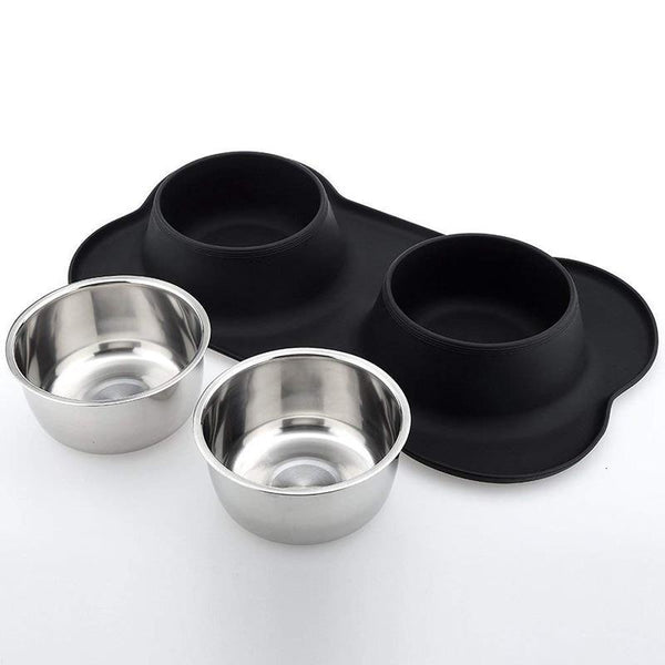 Double Pet Feeding Bowl With Silicone Mat & Stainless Steel Bowls Drinking Water Food Feeder
