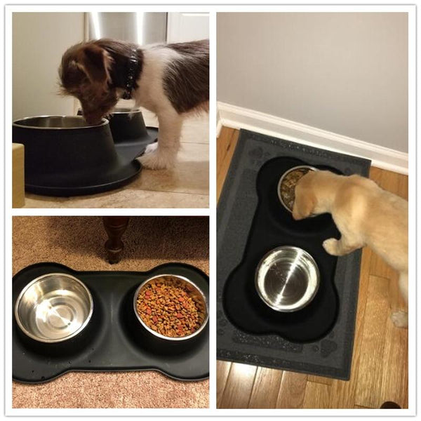 Double Pet Feeding Bowl With Silicone Mat & Stainless Steel Bowls Drinking Water Food Feeder