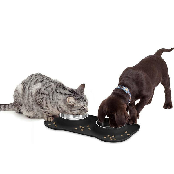 Double Pet Feeding Bowl With Silicone Mat & Stainless Steel Bowls Drinking Water Food Feeder