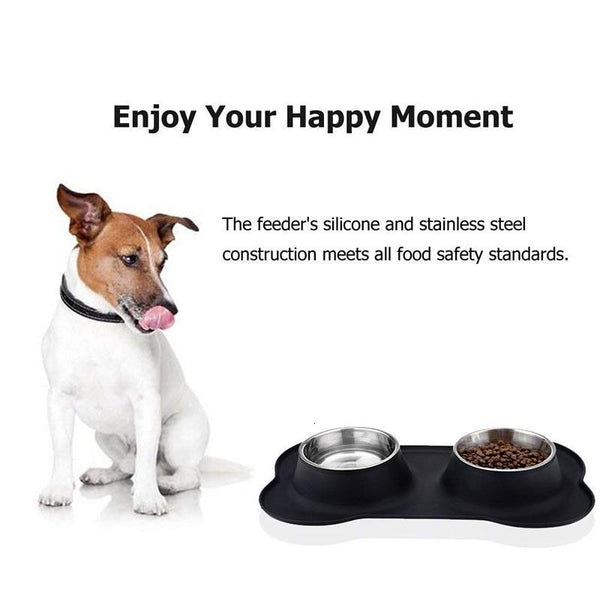 Double Pet Feeding Bowl With Silicone Mat & Stainless Steel Bowls Drinking Water Food Feeder