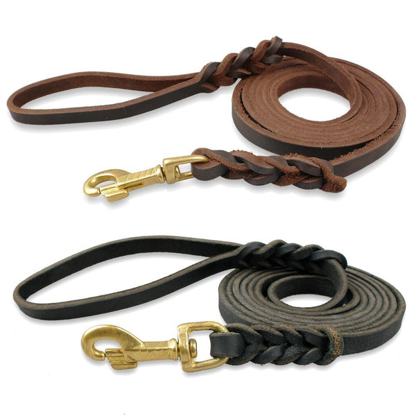 Genuine Leather Dog Leash Braided Pet Walking Training Leads Brown Black Colors For Medium Large Pets