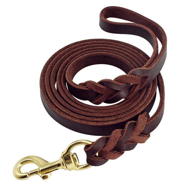 Genuine Leather Dog Leash Braided Pet Walking Training Leads Brown Black Colors For Medium Large Pets