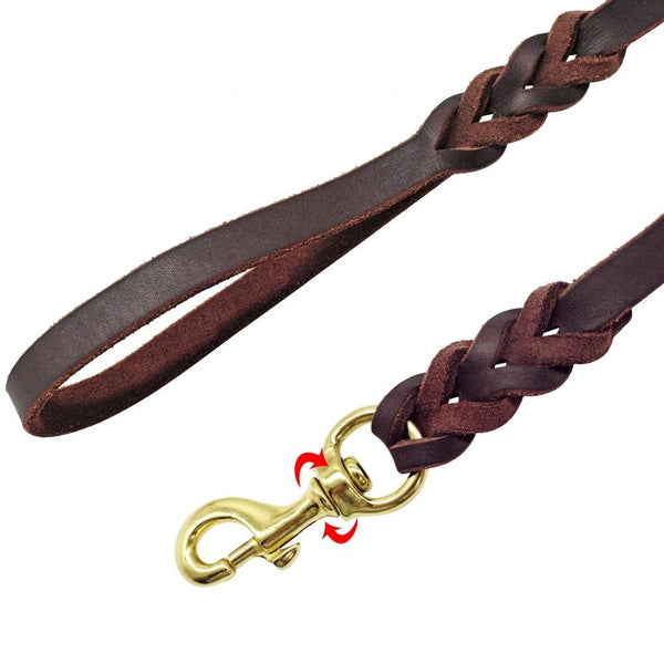 Genuine Leather Dog Leash Braided Pet Walking Training Leads Brown Black Colors For Medium Large Pets