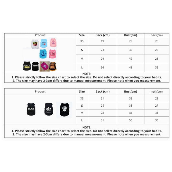 Pets Printed Summer T-shirt - Size Chart