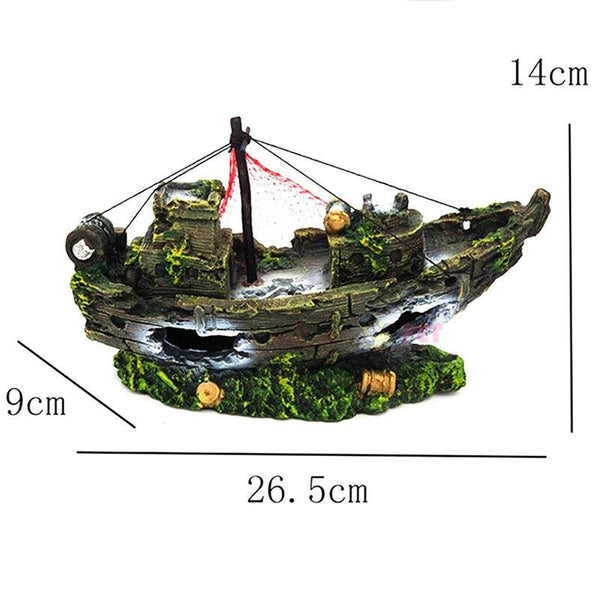 Resin Shipwreck Aquarium Decoration Pirate Treasure Ship & Fishing Net Fish Tank Statue