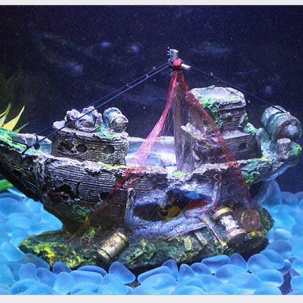 Resin Shipwreck Aquarium Decoration Pirate Treasure Ship & Fishing Net Fish Tank Statue