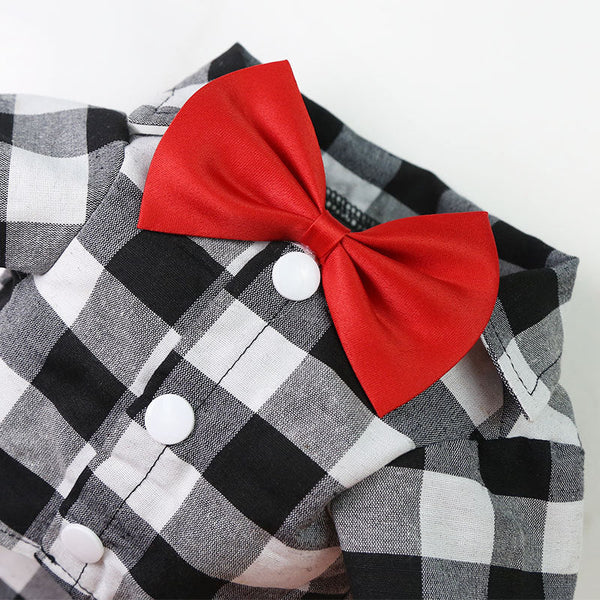 Plaid Striped Shirt Suit with Bow Tie Puppy Dress for Small-Medium Size Dog, Cat