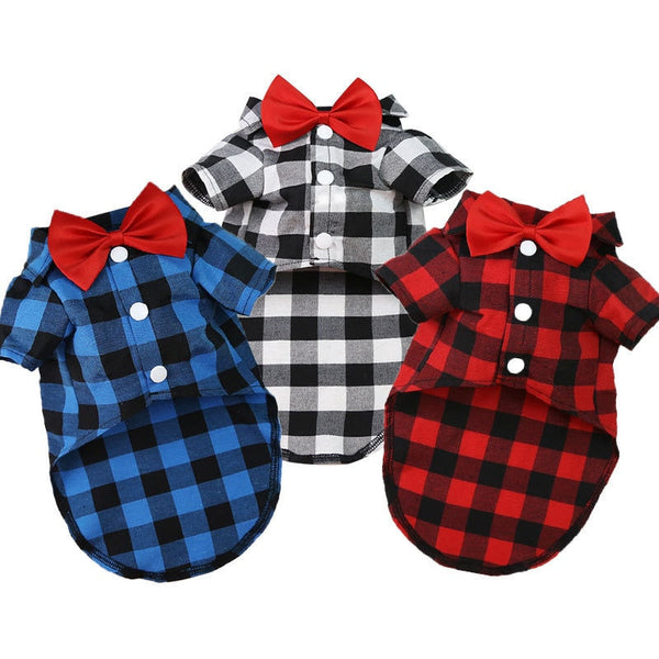 Plaid Striped Shirt Suit with Bow Tie Puppy Dress for Small-Medium Size Dog, Cat