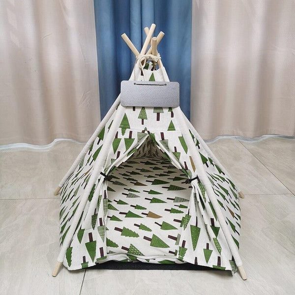 Portable Linen Pet Tent House Indoor Outdoor Bed with Mat