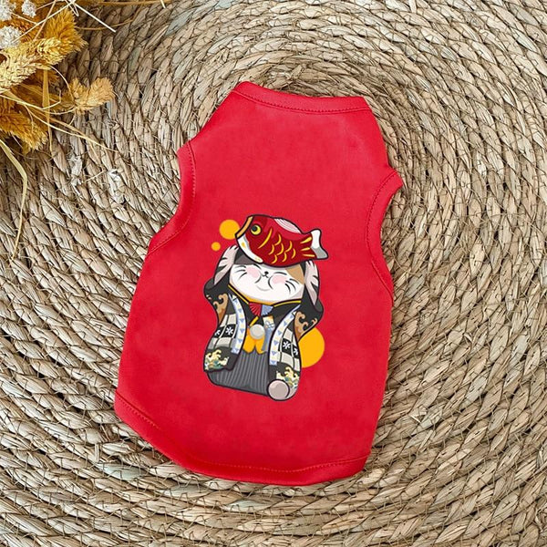 Cute Printed Summer Pet T-shirt - Red Cat