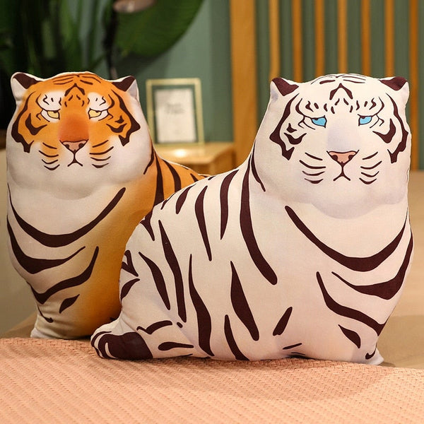 Plush Puffy Tiger Toy Stuffed Animal Cute Tiger Pillow White/Brown Color