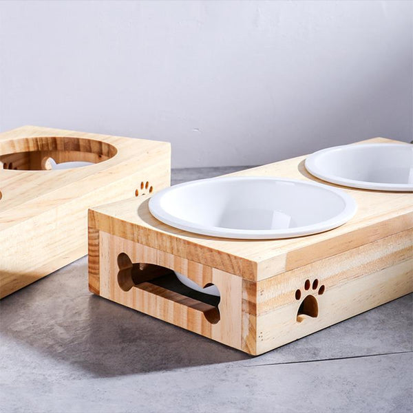 Double Serve Food and Water Bowl with Raised Wooden Stand for Cats